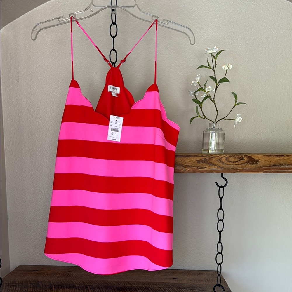 NWT J.Crew striped scalloped cami tank top, bright red-orange and pink, size S